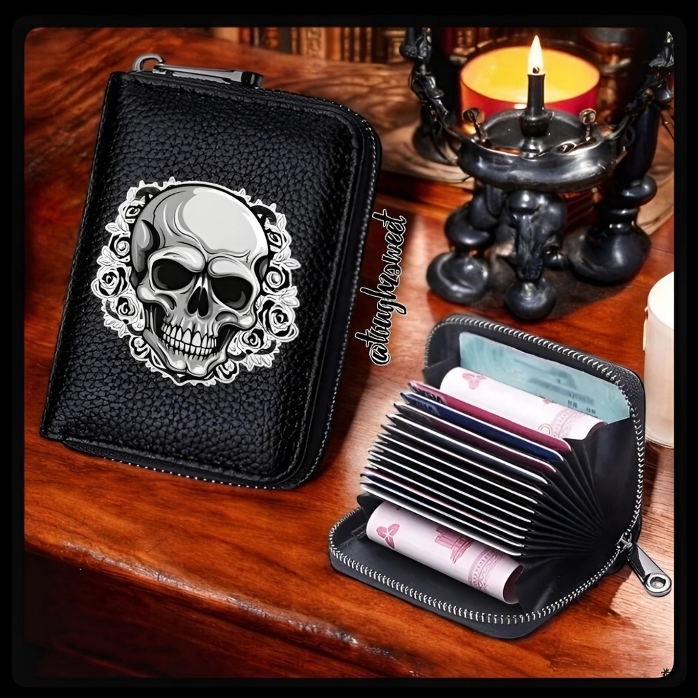 🆕VEGAN LEATHER GOTHIC SKULL WALLET WITH 12 CARD SLOTS:GOTH PUNK STEAMPUNK